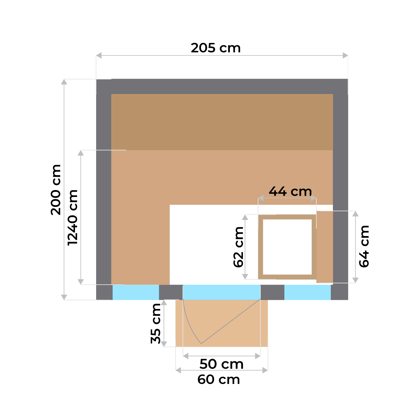 Plan dimensions sauna Gaïa Omega