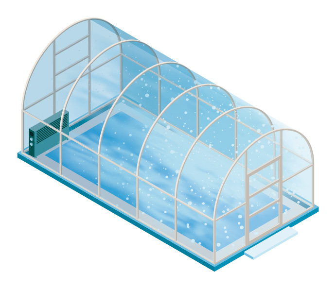 infografia piscina cubierta con vaho y gotas
